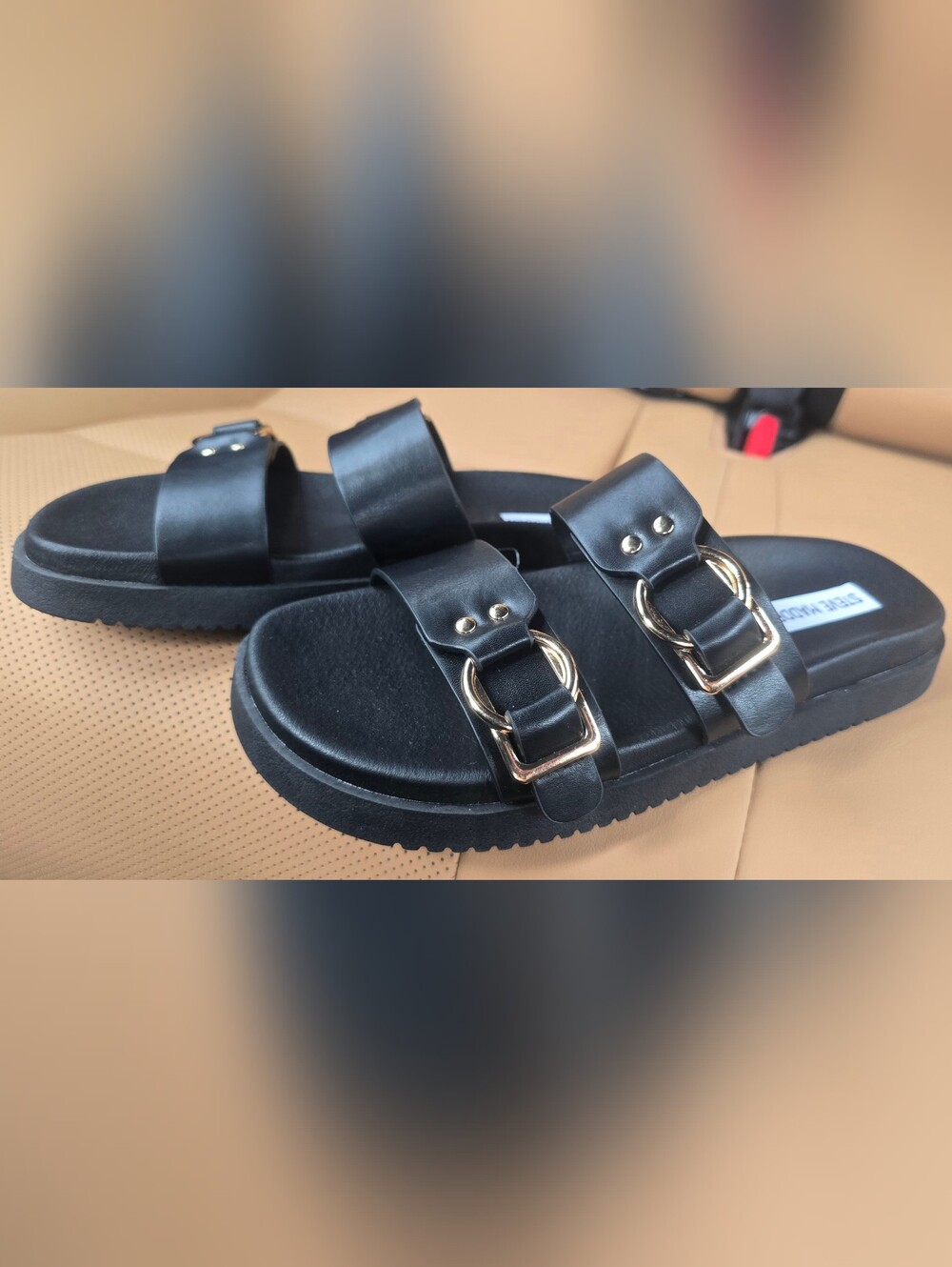 Steve Madden NWT Black Leather Buckle Slide Sandals - Women's 8
